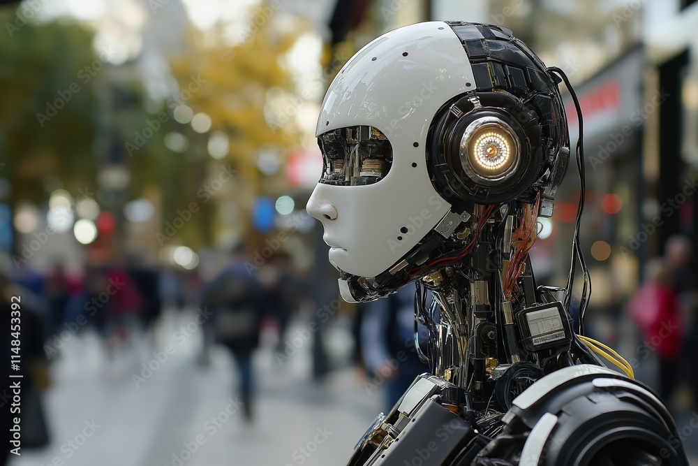 A well-designed robot stands gracefully in a bustling city. A well-designed robot stands gracefully in a bustling city.