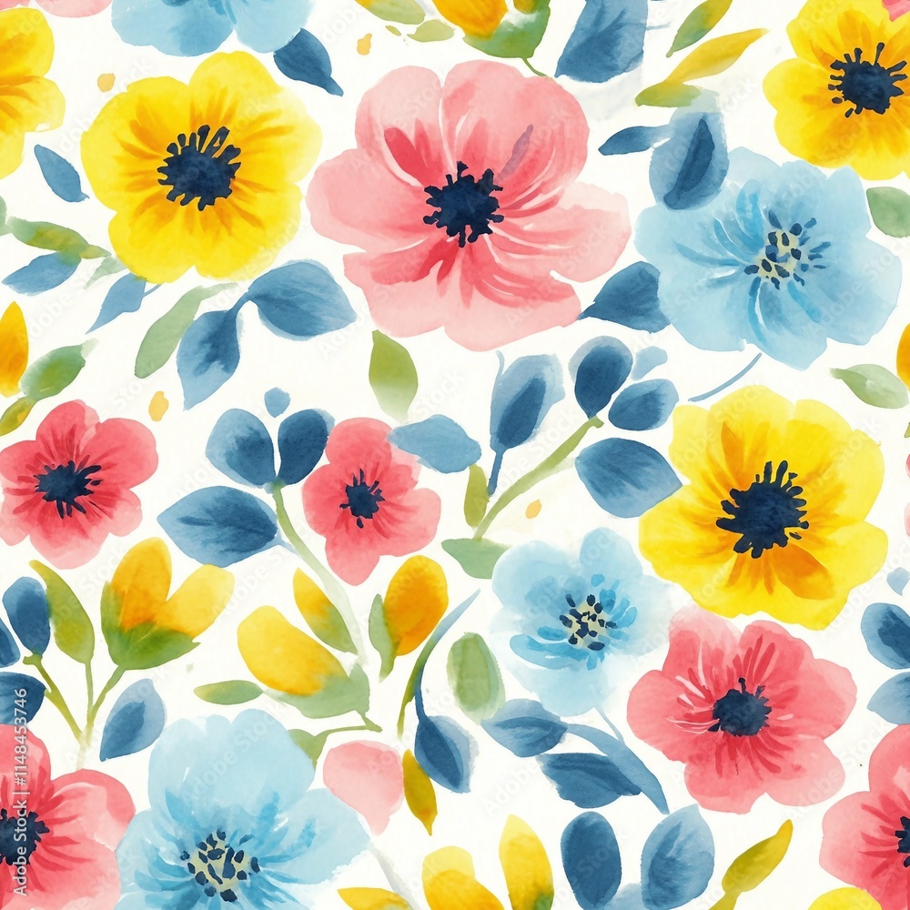 Obraz premium watercolour floral pattern, delicate flowers, yellow, blue and pink flowers, cute colorful floral abstract print