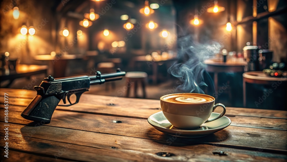 Fototapeta premium Vintage Gun & Coffee: Retro Firearms & Cafe Culture Photography