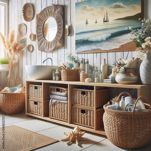 Woven Baskets A bathroom with woven baskets and a coastal theme