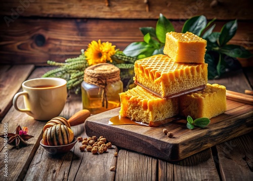 Vintage Honeycomb Cake & Bika Ambon Still Life Photography - Classic Indonesian Dessert photo