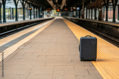 Lonely Train Station, deserted platform, solitary suitcase, evokes abandonment, echoes of journeys untaken, stillness in the air. photo