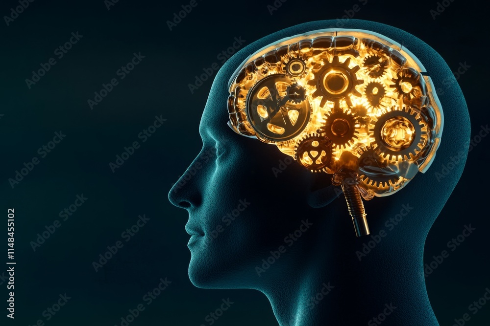 Obraz premium A profile view of a human head in silhouette, with animated gears visible inside, symbolizing creativity and intellect