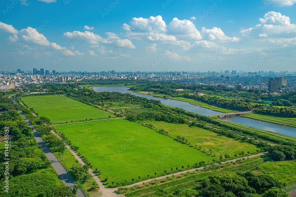 Fototapeta premium Aerial view of city park, river, and cityscape. Illustrates urban planning, nature, and city-park contrast.