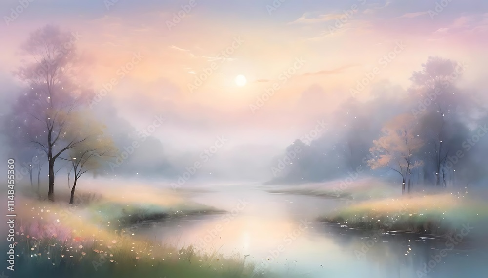 Serene Misty River Landscape at Sunrise With Trees