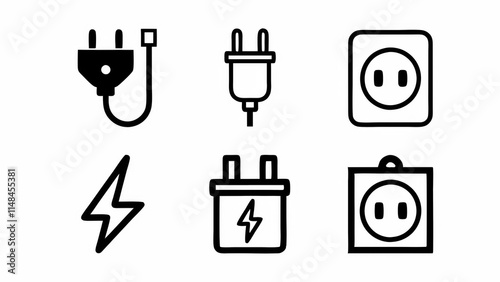 A collection of electrical icons featuring plugs, sockets, and a battery symbol, representing power connections and electricity.