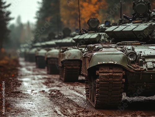 Militaristic convoy of armored tanks on a muddy forest road during autumn