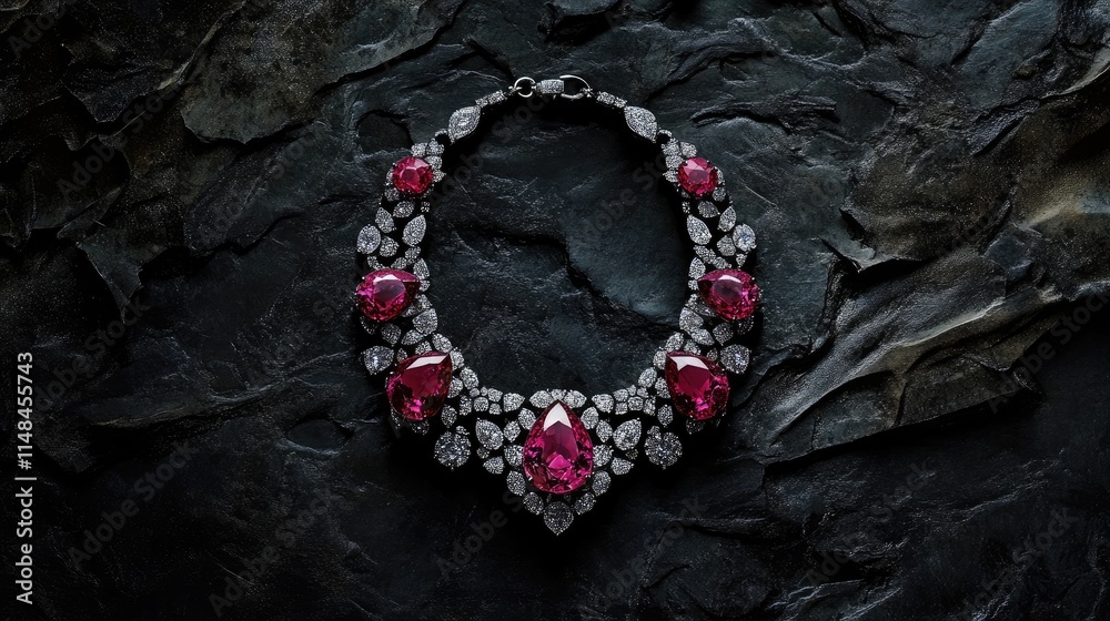 Fototapeta premium Elegant Ruby and Diamond Necklace on Dark Stone Background