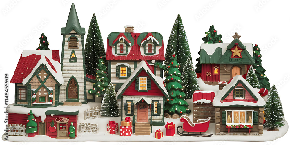 Naklejka premium A Christmas village with various buildings, including a church, a cabin, and a house