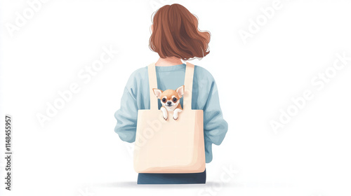 woman carries her small chihuahua in tote bag, showcasing cozy bond. scene captures sense of warmth and companionship, perfect for pet lovers photo