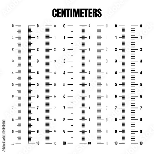 Vertical centimeter scale for measuring length or height. Various measurement scales with divisions. Ruler, tape measure marks, size indicators. Vector illustration