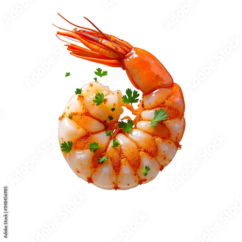 Obraz na płótnie Orange shrimp with herbs on black background w salonie