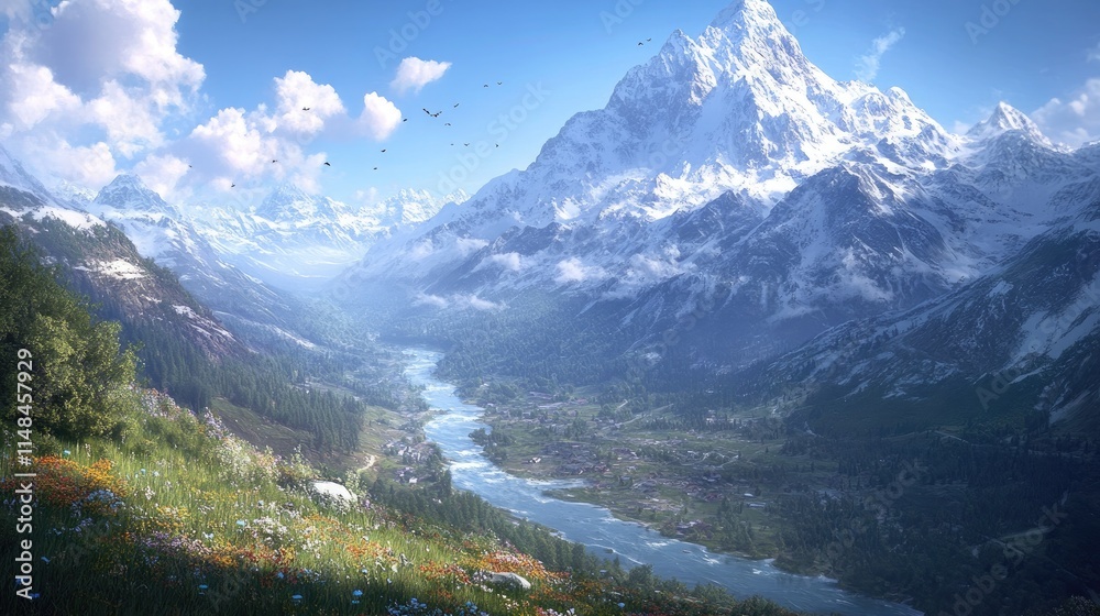 Fototapeta premium Majestic Mountain Landscape with River and Lush Green Valleys