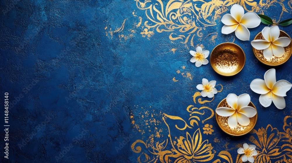 Naklejka premium A luxurious Songkran poster with golden water splashes, intricate Thai patterns, blooming jasmine and frangipani flowers, and traditional golden bowls on a rich blue background.