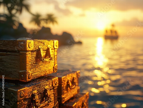 Golden treasure chests by the sea at sunset with a ship in the distance. photo