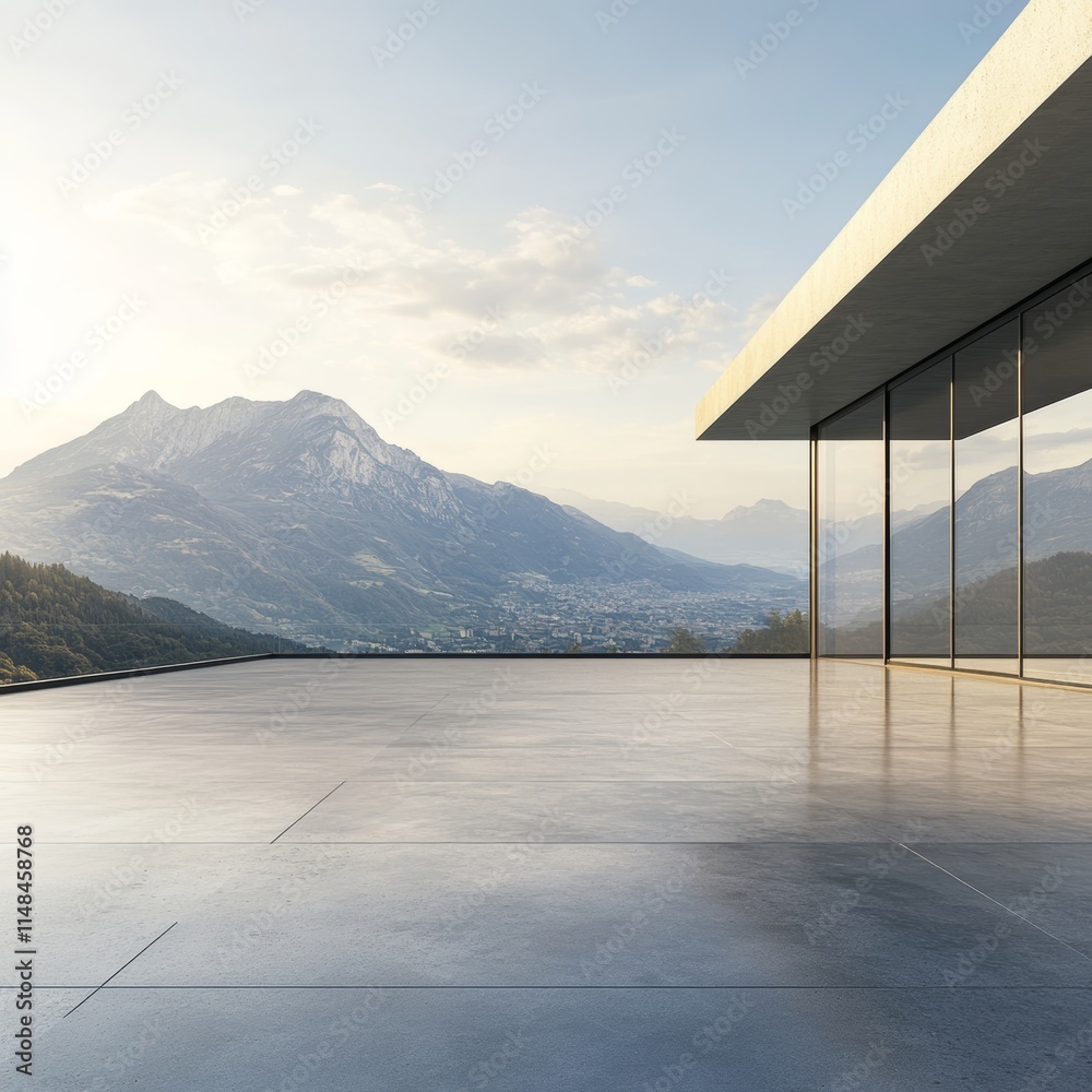 Fototapeta premium A house with a concrete floor and glass windows with mountain landscape
