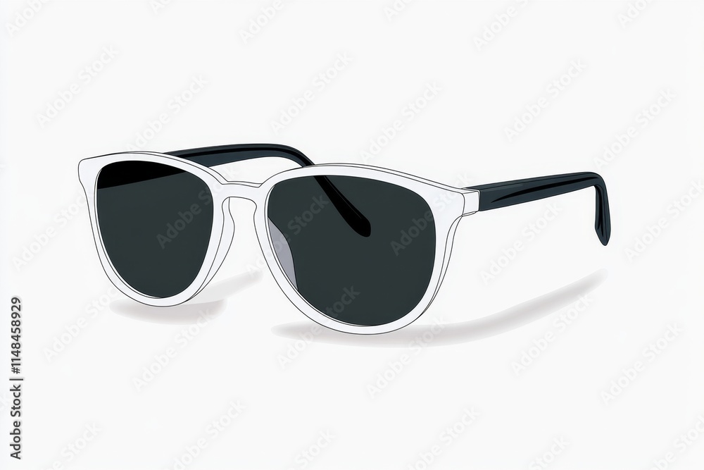 Fototapeta premium A simple drawing of sunglasses with dark lenses and thin frames, sketched in clean lines on a white background