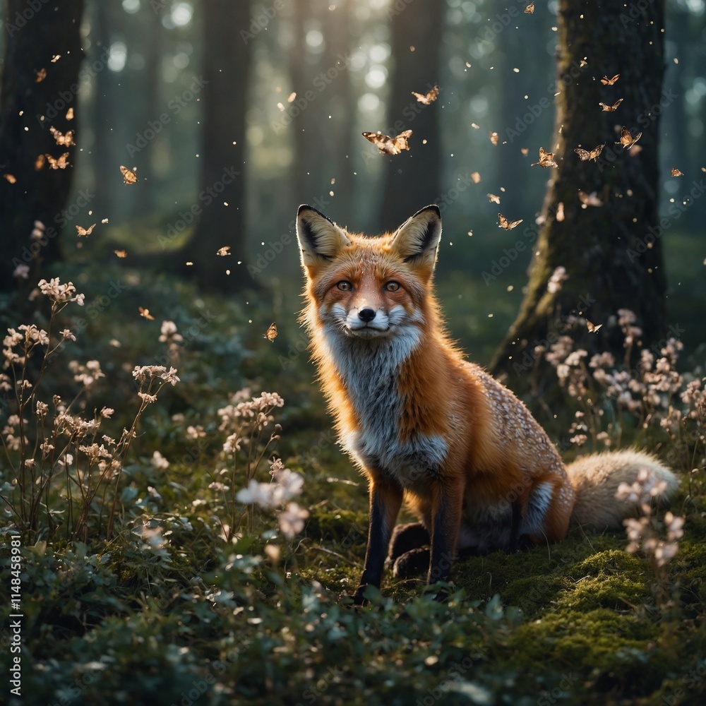 A fox surrounded by tiny fairies in a shimmering glade. A fox surrounded by tiny fairies in a shimmering glade.