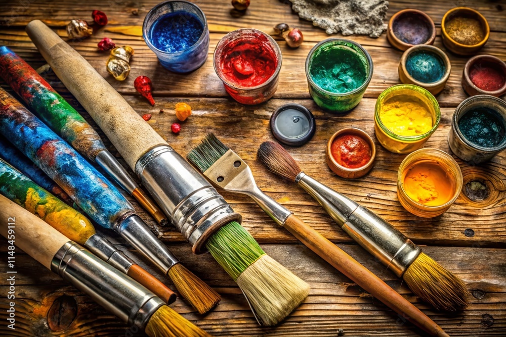 Fototapeta premium Vintage Oil Paint Tubes & Brushes Panoramic Photography - Top View Closeup