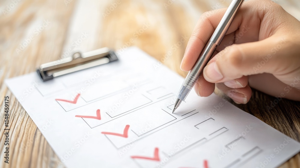 Hand with Pen Checking Items on a Clipboard with Red Marks Hand with Pen Checking Items on a Clipboard with Red Marks