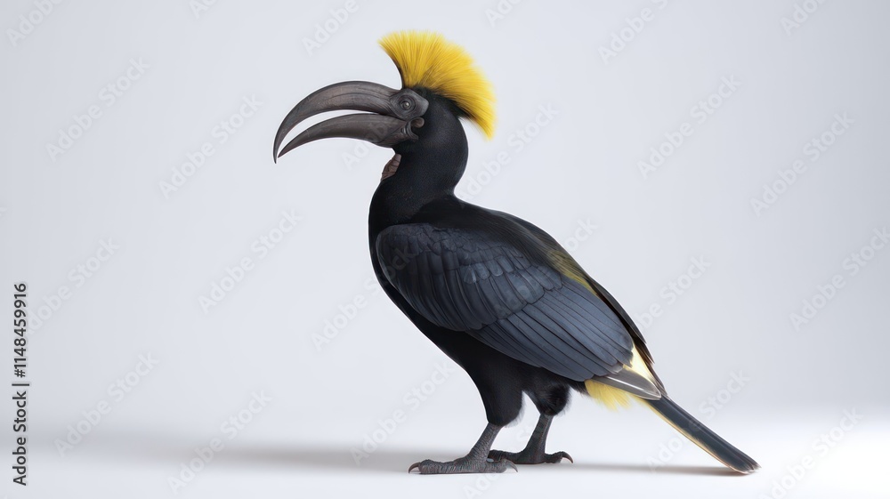 Obraz premium A striking yellow crested black hornbill bird