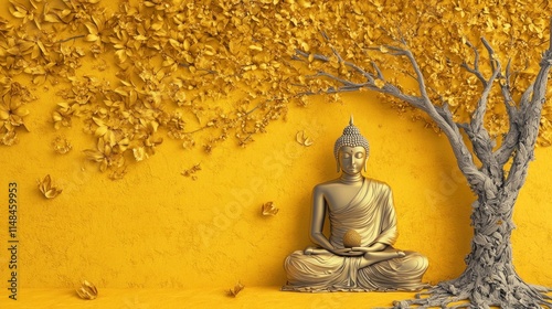 A meditating Buddha under a Bodhi tree with detailed golden foliage, framed by Thai motifs, on a bright yellow background symbolizing peace. photo