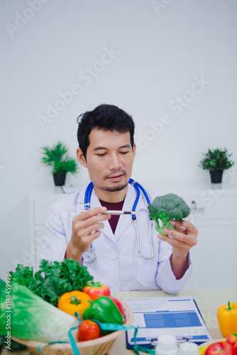 Asian male nutritionist specializing in promoting healthy eating habits, providing nutritional advice, creating meal plans, and helping individuals achieve optimal health through balanced nutrition.