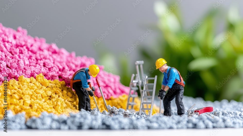 Fototapeta premium Miniature toy construction workers using tools next to piles of pink and yellow plastic recycling granules.