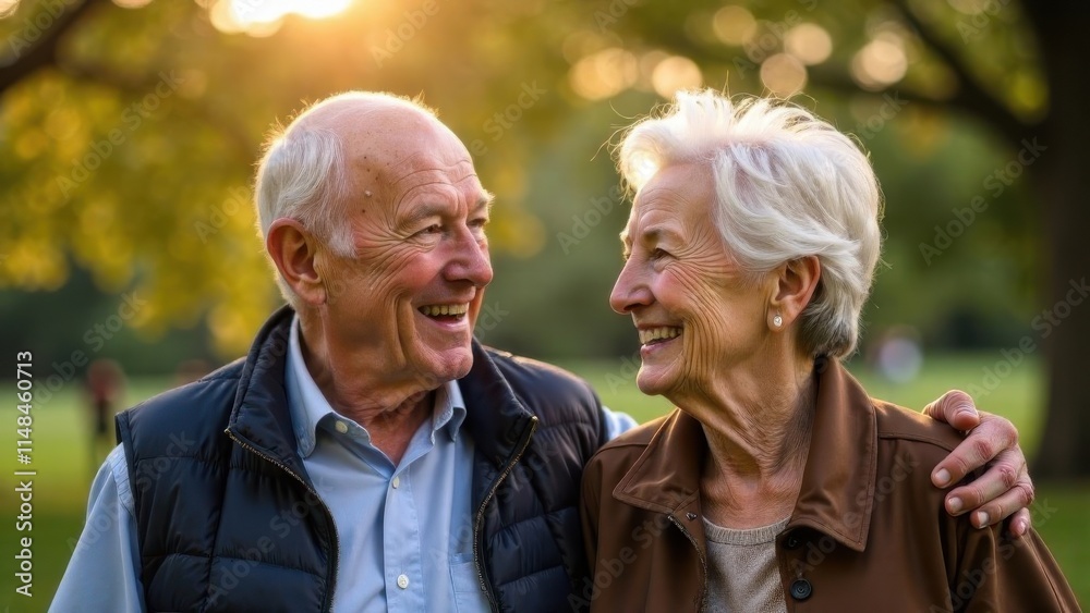 Senior couple enjoying a joyful moment together in a sunny park during autumn Senior couple enjoying a joyful moment together in a sunny park during autumn