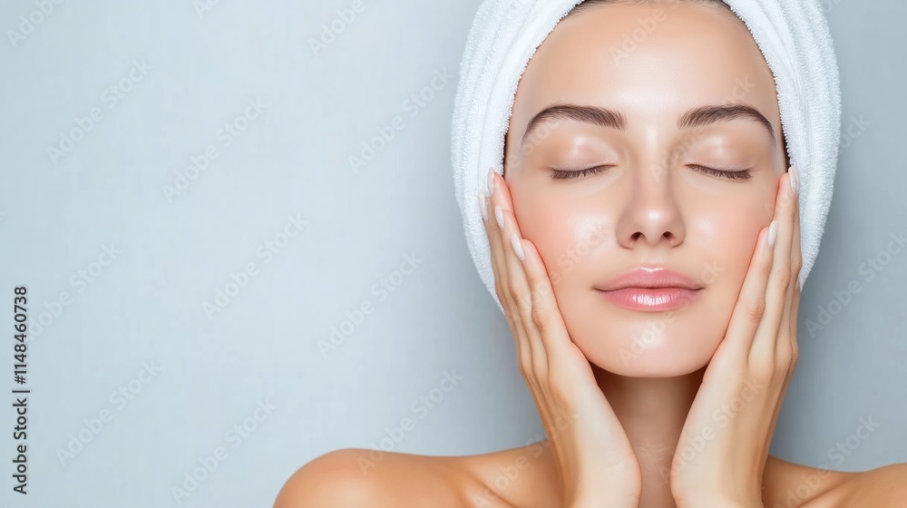 Woman with smooth skin, serene face, relaxed expression, touching cheeks gently. Likely enjoying rejuvenating skin treatment. Image represents beauty, wellness, skin care, healthy lifestyle. Focus on Woman with smooth skin, serene face, relaxed expression, touching cheeks gently. Likely enjoying rejuvenating skin treatment. Image represents beauty, wellness, skin care, healthy lifestyle. Focus on