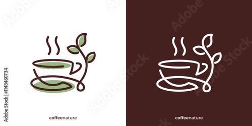 Mug and Leaves with Line art Style for Tea Coffee or Drinks Logo Design Template.