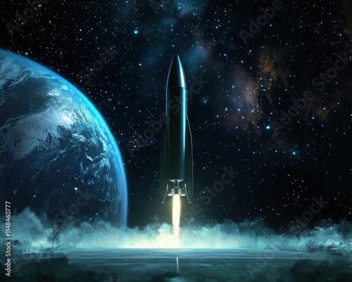 Futuristic rocket launching into space, with Earth visible in the background.