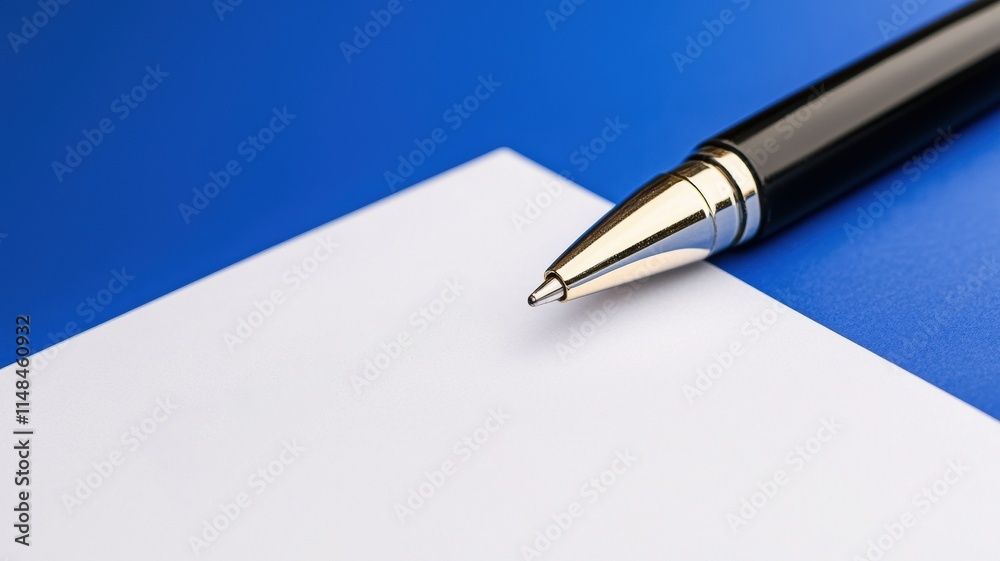 Blank paper with a silver-tipped pen on a blue surface, ideal for writing or note-taking. Blank paper with a silver-tipped pen on a blue surface, ideal for writing or note-taking.