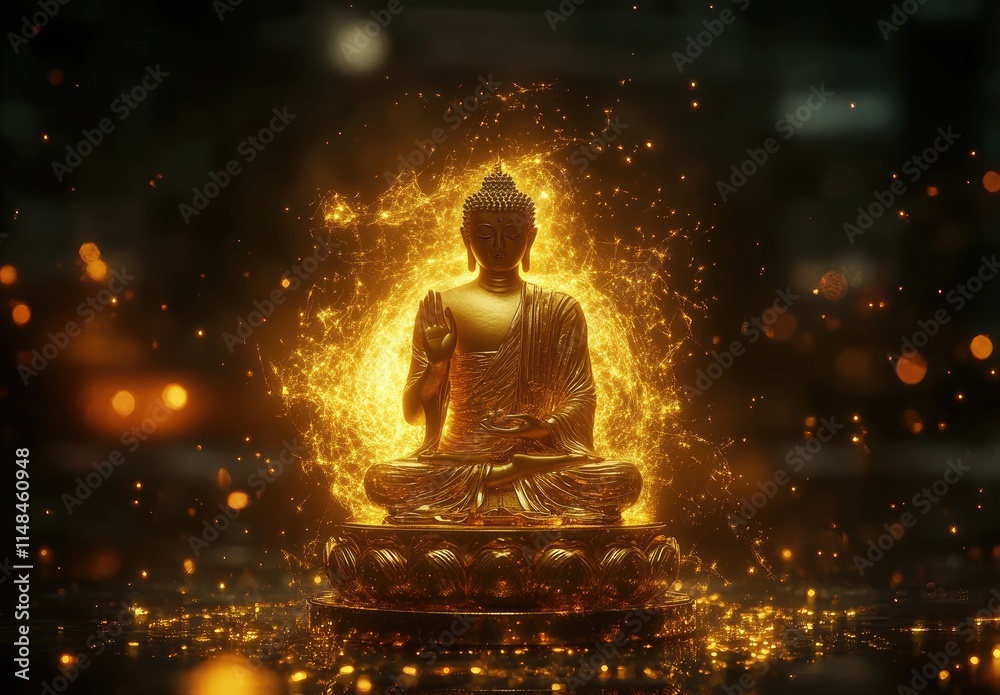 A golden, glowing Buddha statue with an aura of light, set against a black, empty background A golden, glowing Buddha statue with an aura of light, set against a black, empty background