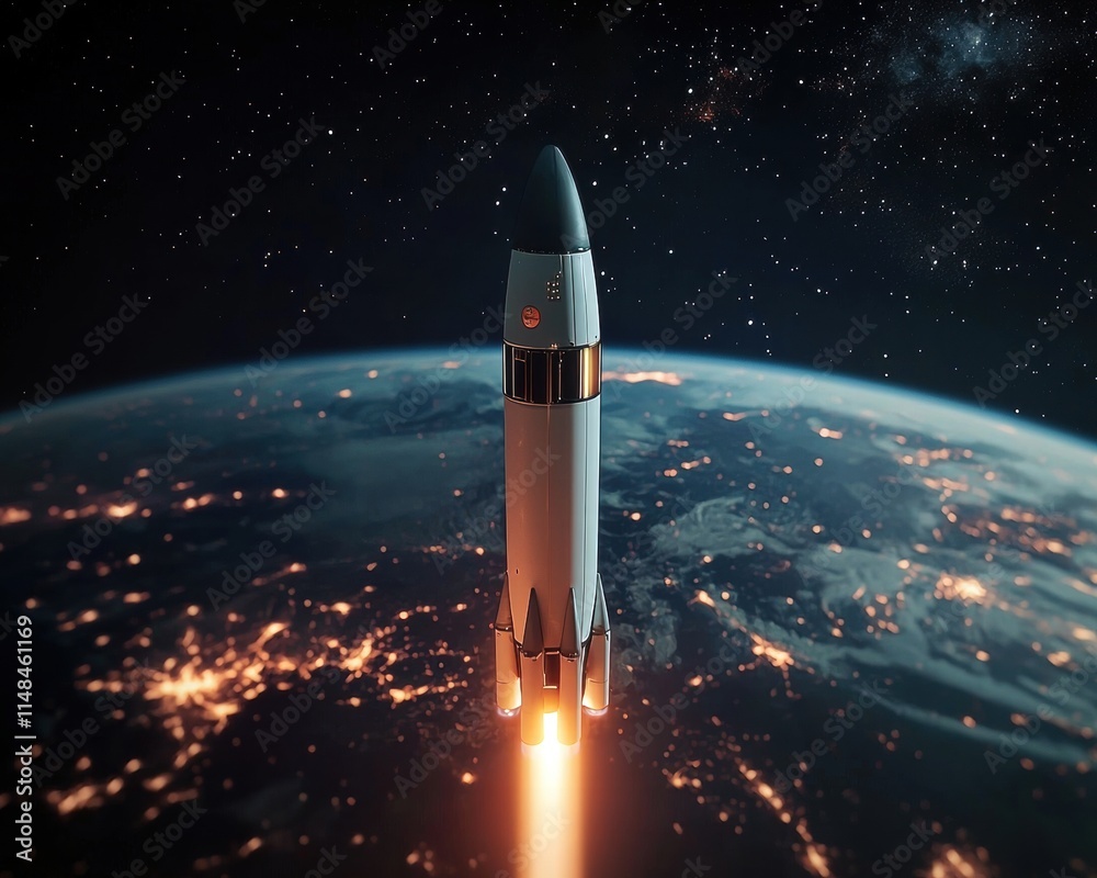 A sleek rocket launches into space above a glowing Earth at night. A sleek rocket launches into space above a glowing Earth at night.
