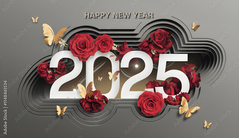 Obraz premium Luxurious Happy New Year 2025 Celebration with 3D Typography and Heart Accents,Happy New Year 2025 with 3D paper art style celebration with layered ribbons, stars and balloons.