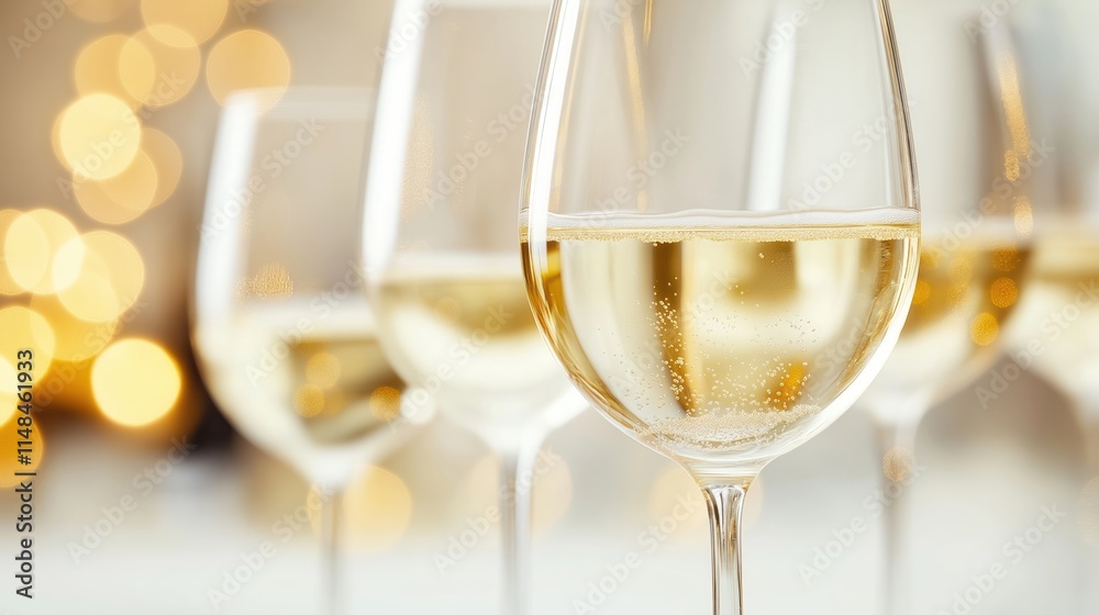 Close-up view of sparkling white wine in glass. Glasses of wine blurred in background. Festive lighting visible in background. Celebration party atmosphere implied. Image suitable for stock photo Close-up view of sparkling white wine in glass. Glasses of wine blurred in background. Festive lighting visible in background. Celebration party atmosphere implied. Image suitable for stock photo