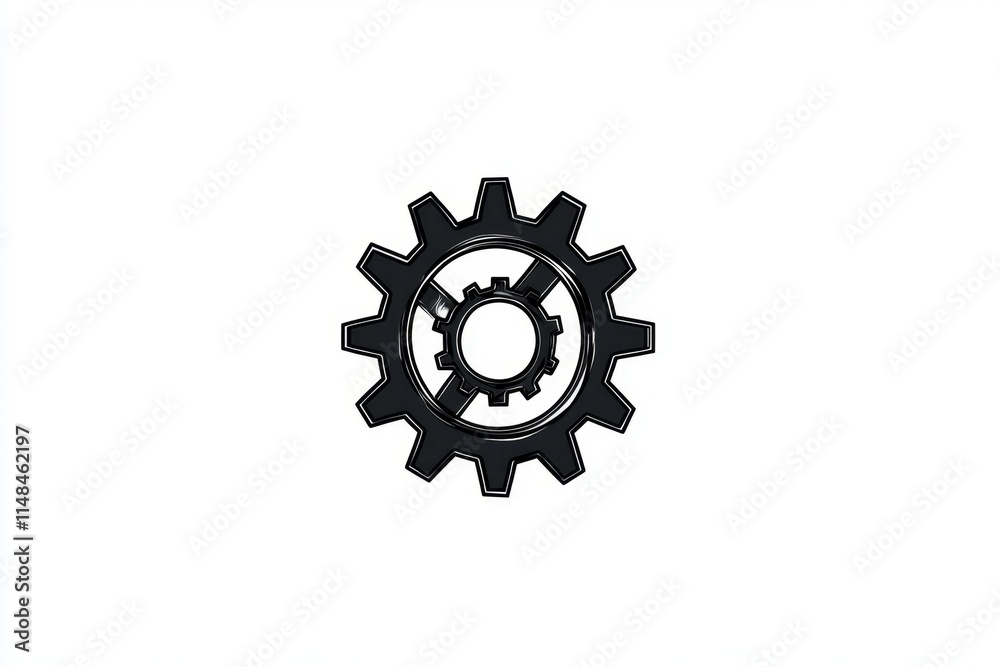 A stylized graphic of a small gear spinning inside a larger one, drawn with precision and simplicity in bold black and white A stylized graphic of a small gear spinning inside a larger one, drawn with precision and simplicity in bold black and white
