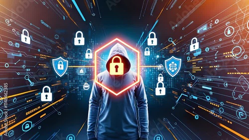 Cybersecurity Concept with Hooded Figure, Lock Icon, and Digital Network Background in a High-Tech Environment

 photo