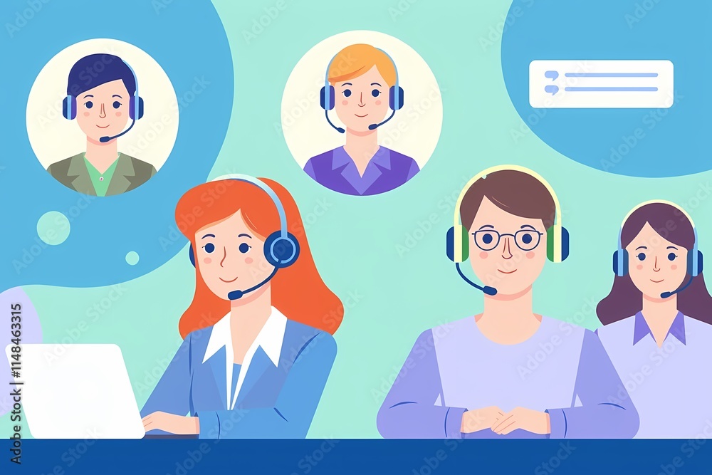 Customer Service Team: A diverse group of customer service representatives with headsets are ready to assist customers. Customer Service Team: A diverse group of customer service representatives with headsets are ready to assist customers.