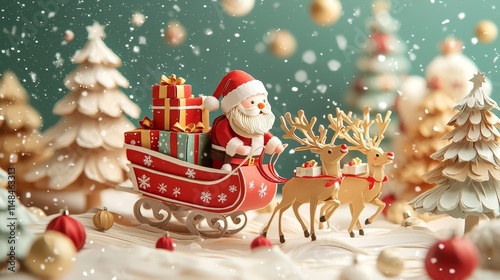 Santa Claus rides in a decorated sleigh with gifts and reindeer in a snowy winter landscape