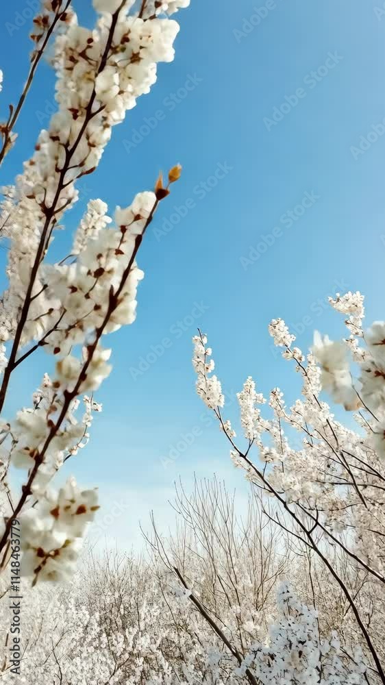 Beautiful white blossoms blooming against a clear blue sky in springtime landscape Beautiful white blossoms blooming against a clear blue sky in springtime landscape