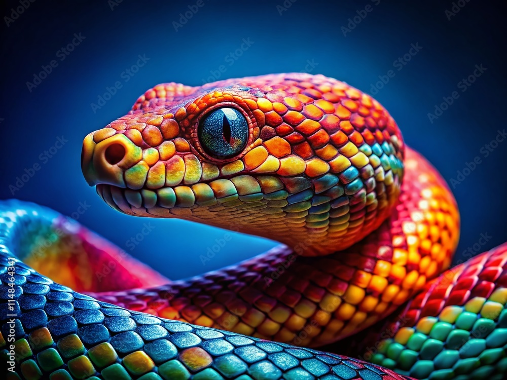 Fototapeta premium Vintage Snake Photo: Bright Scales, Deep Blue Background - Retro Reptile Photography