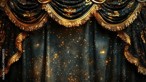 Luxurious Stage Curtain with Golden Accents and Sparkling Background