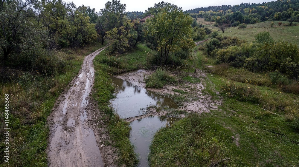 Aerial view of muddy rural road with puddles, winding through green landscape. Aerial view of muddy rural road with puddles, winding through green landscape.