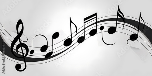 An illustration of abstract musical notes in black and white, flowing elegantly in a design