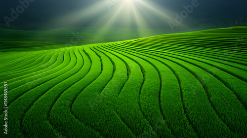 Sunlit Rice Terraces: A breathtaking aerial view of vibrant green rice terraces bathed in sunlight, showcasing the beauty of nature's artistry and the meticulous work of farmers. photo