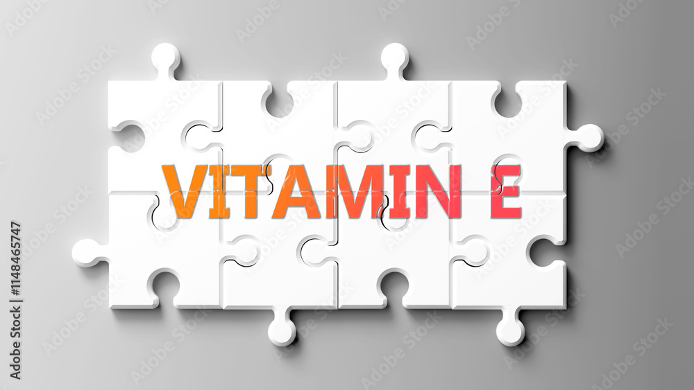 Vitamin E complex like a puzzle - pictured as word vitamin e on a puzzle pieces to show that vitamin e is complex and needs cooperating pieces that fit together. ,3d illustration Vitamin E complex like a puzzle - pictured as word vitamin e on a puzzle pieces to show that vitamin e is complex and needs cooperating pieces that fit together. ,3d illustration