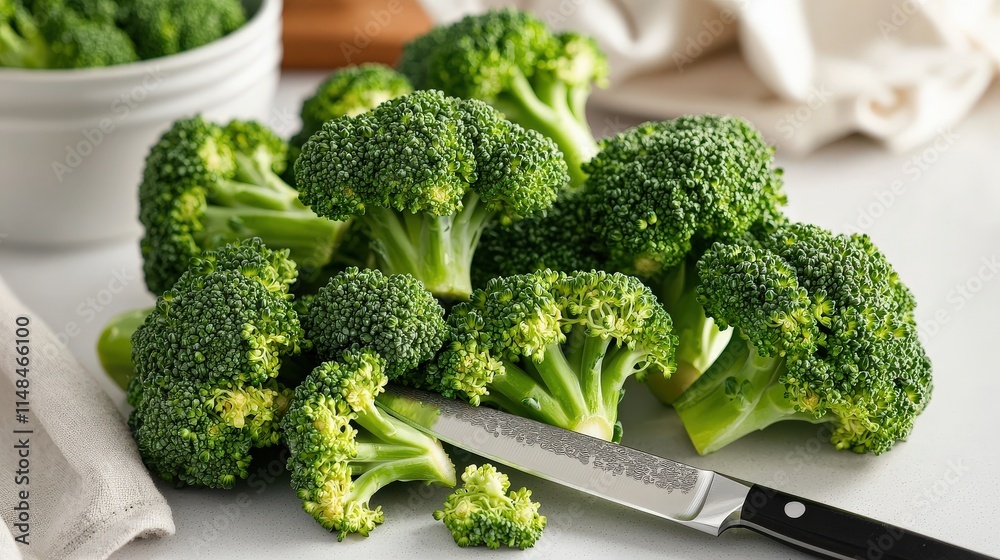Fresh Broccoli Cutting Process in Kitchen Setting Fresh Broccoli Cutting Process in Kitchen Setting