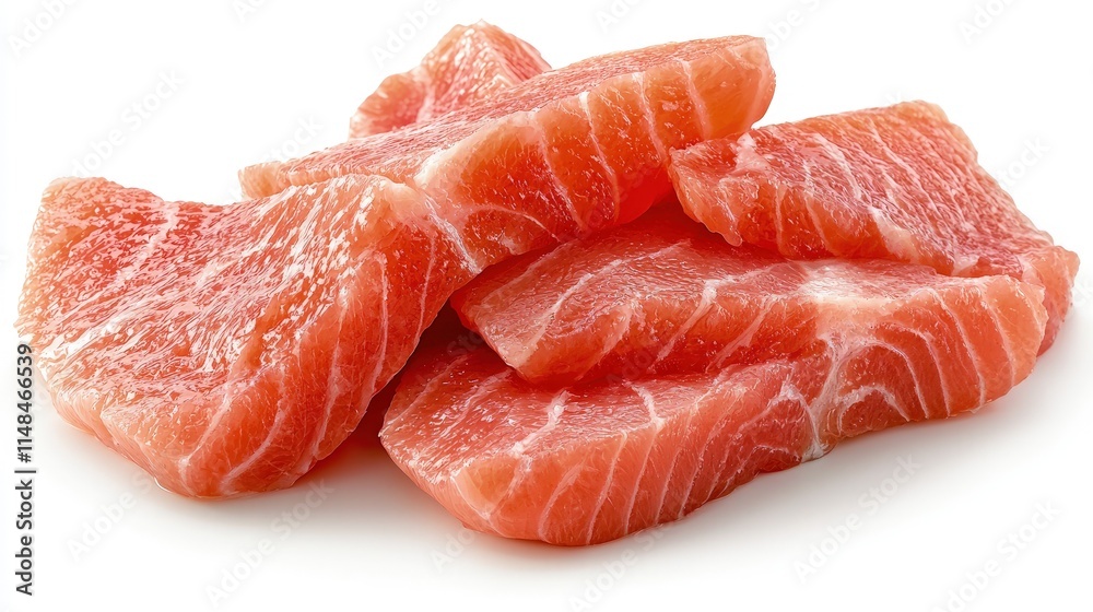 Fresh salmon fillets, neatly stacked, isolated on white background. Fresh salmon fillets, neatly stacked, isolated on white background.